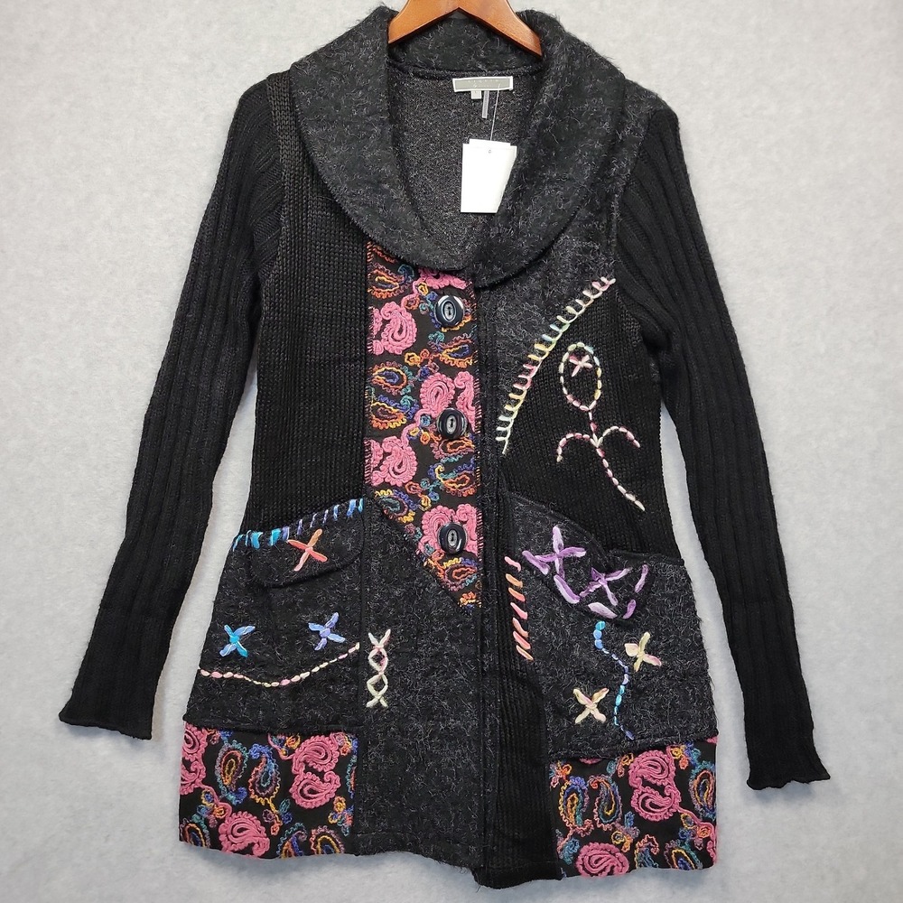 NEW Liquid By Sioni Women's Black Knit Wearable Art Sweater Cardigan Size Large